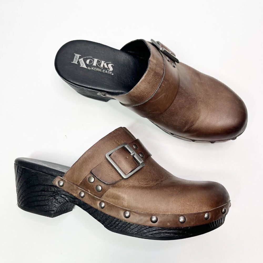 Korks by Kork ease Brown Leather Clog Mules Studded Slip On Shoes studded Size 8